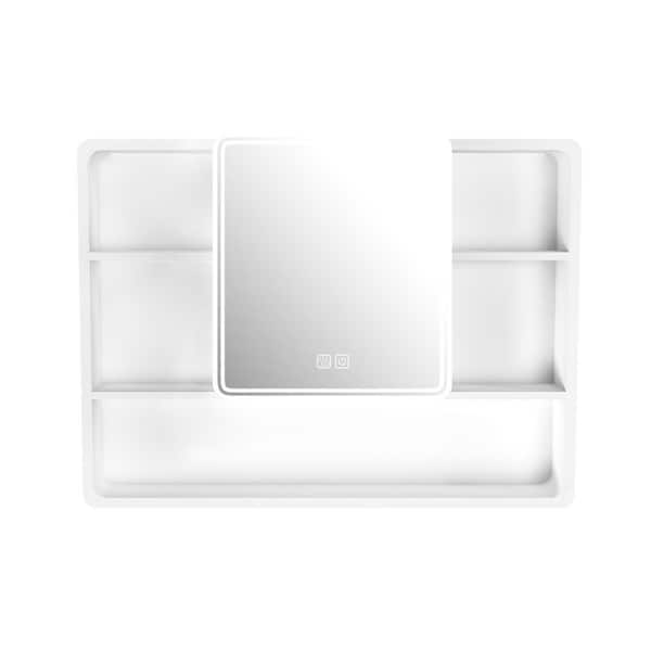 35 in. W x 28 in. H Rectangular Aluminum Medicine Cabinet with Mirror, LED Lights, Open Shelves and Hair Dryer Holder