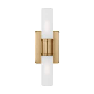 Keaton 5 in. Small 2-Light Satin Brass Vanity Light with Satin Etched Glass Shades