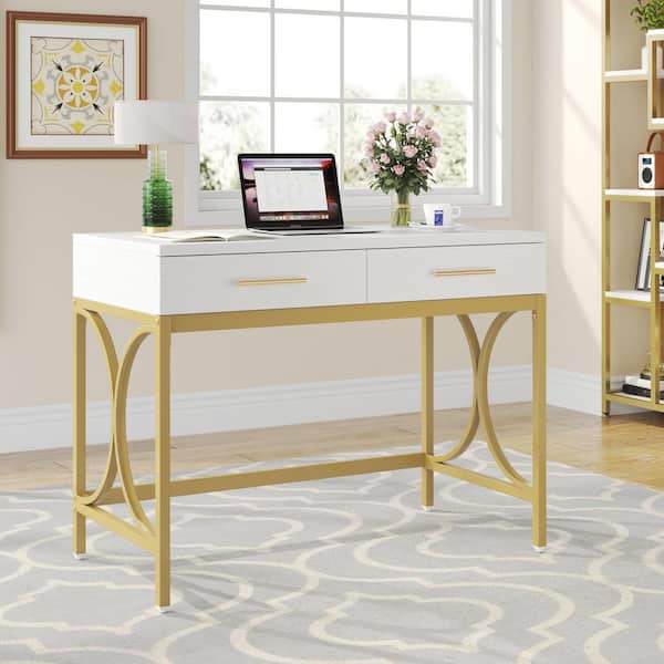 Halseey 41 in. Rectangular White and Gold Wood 2-Drawer Computer Desk ，Modern Study Writing Table with Metal Base