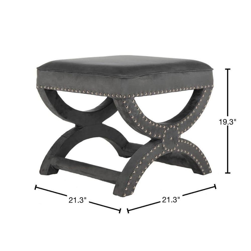 Gray Velvet Ottoman with Silver Nailhead Trim