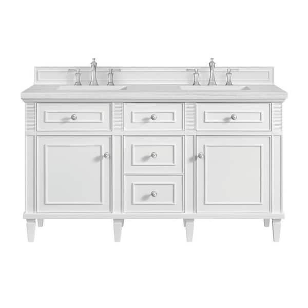 James Martin Vanities Lorelai 60.0 in. W x 23.5 in. D x 34.06 in. H Double Sink Bath Vanity in Bright White with Arctic Fall Solid Surface Top