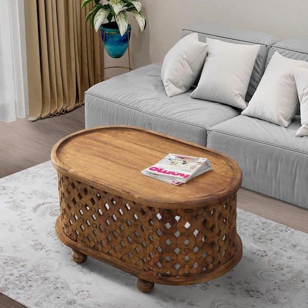 THE URBAN PORT 21 in. L Antique Brown Wooden Rectangular Oval Farmhouse Coffee Table with Intricate Cut Out Design