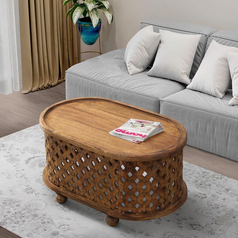 Antique Brown Oval Mango Wood Coffee Table with Cutout Design