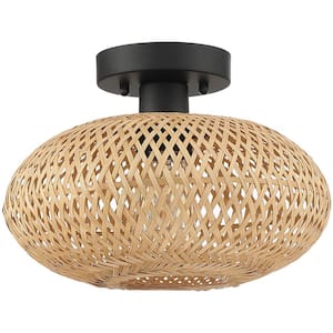 Bungalo 11 in. 1-Light Black/Wheat Bohemian Bamboo Semi-Flush Mount Light