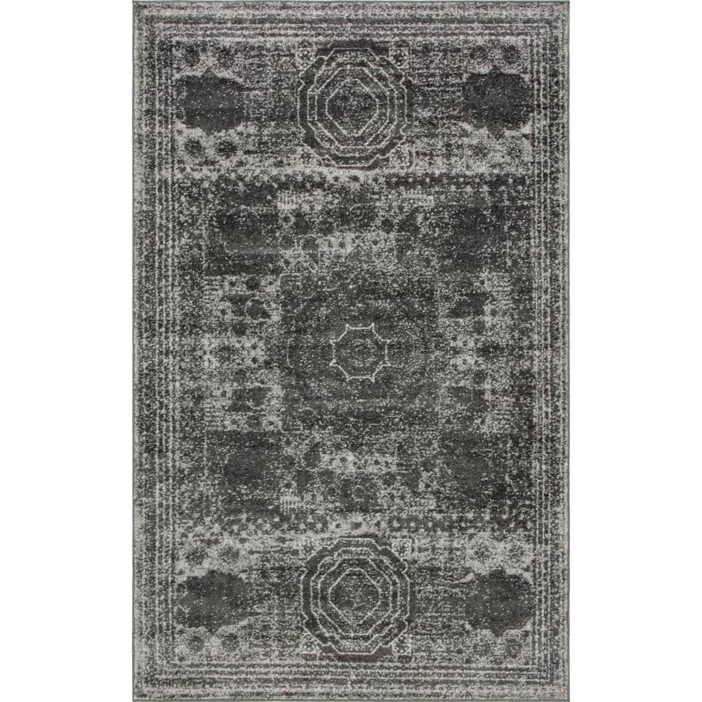 Dark Gray Rectangular Synthetic Low Pile Area Rug