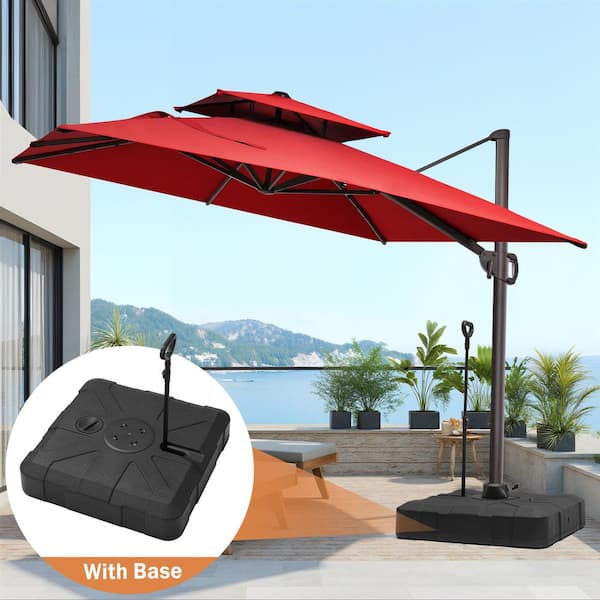 Double Top 11 ft. x 9 ft. Aluminum 360° Rotation Cantilever Patio Umbrella in Red with 300 lbs. Wheeled, Pull Rod Base