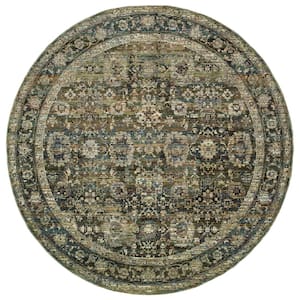 Athena Green/Brown 8 ft. x 8 ft. Round Distressed Border Area Rug