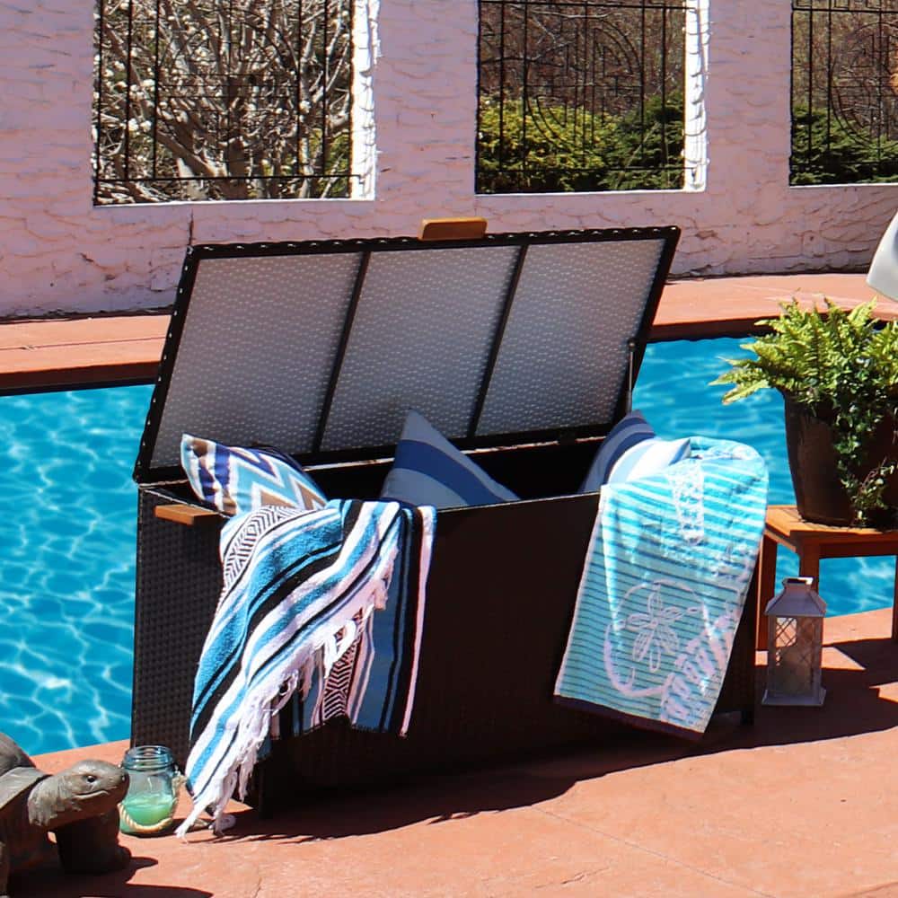 Black Resin Wicker 75-Gallon Deck Storage Box with Acacia Handles