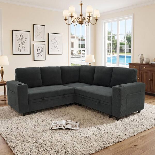Modern 76.5 in. Polyester L-Shaped Sleeper Sectional Sofa in Dark Gray with Cup Holders and Side Pockets