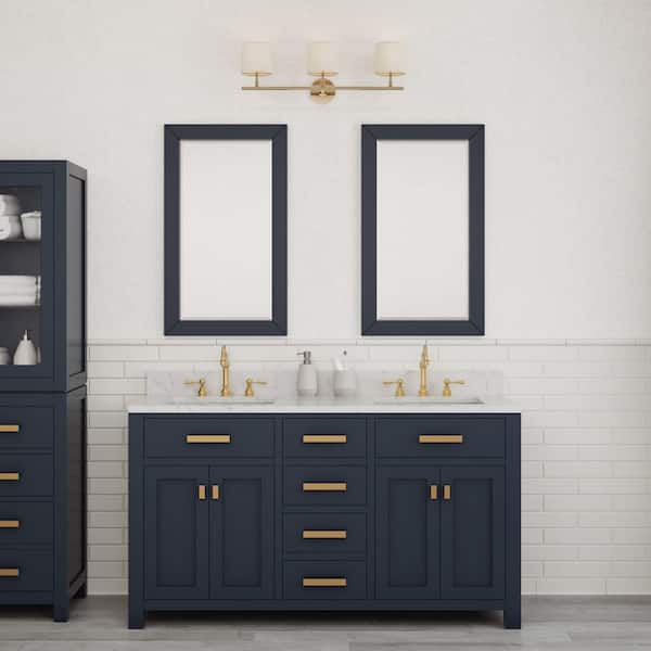 Madison 60 in.W x 21.5 in.D x 34 in.H Double Sink Bath Vanity in Monarch Blue with Carrara White Marble Top and Mirrors