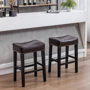 26 in. Brown Backless Wood Frame Bar Stools with Footrest and Faux Leather Seat Dining Stools Side Chair (Set of 2)