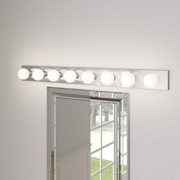 Center Stage 48 in. 8-Light Chrome Traditional Wall Dressing Room Hollywood Bathroom Vanity Bar Light