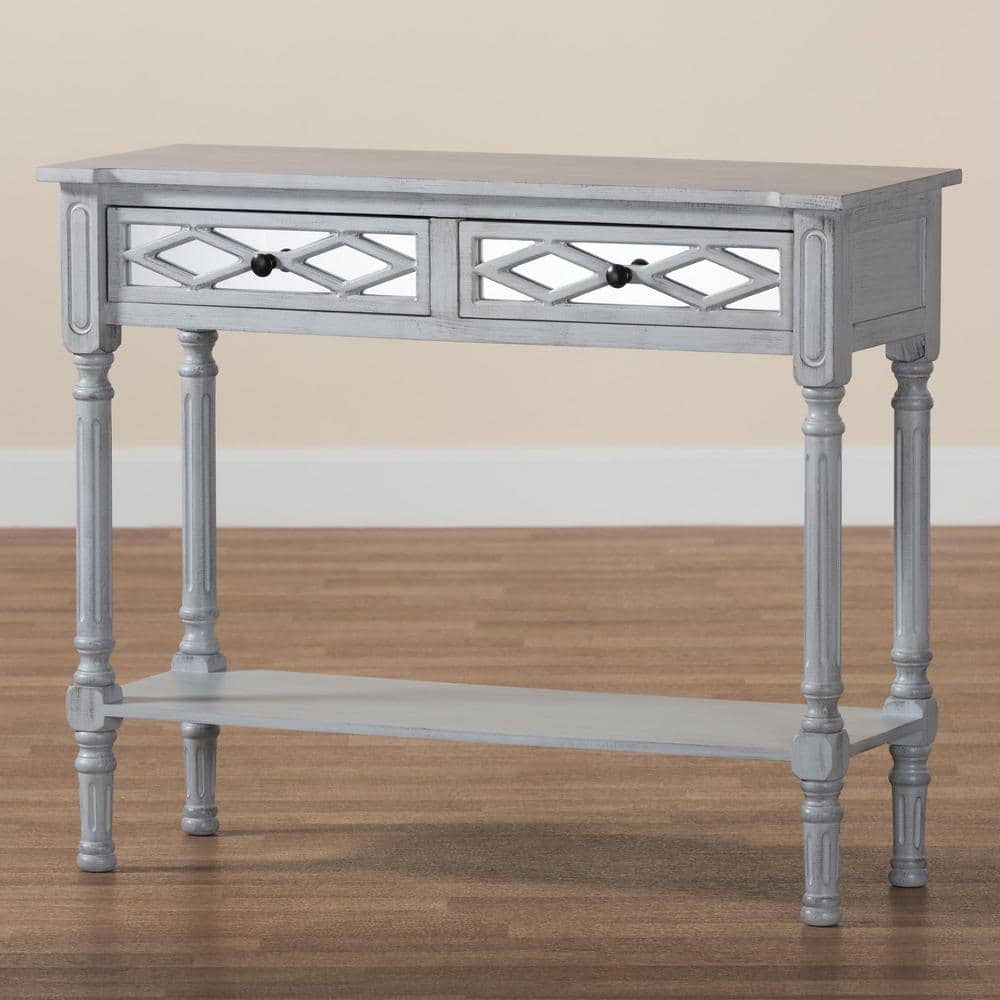 Gray Wood and Mirrored Glass 2-Drawer Console Table with Storage Shelf