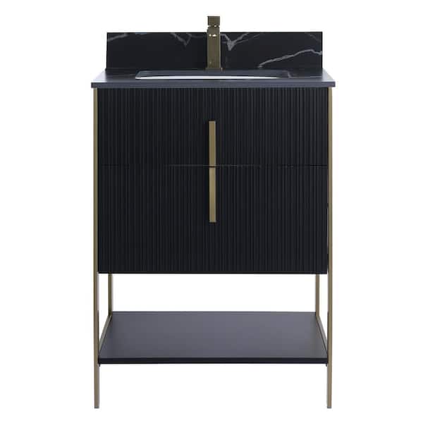 FINE FIXTURES 24 in. W x 18 in. D x 33.5 in. H Bath Vanity in Black with Black Sintered Stone Top with Satin Brass Hardware