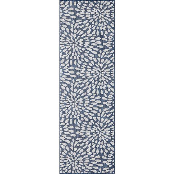 Tayse Rugs Eco Floral Navy 3 ft. x 10 ft. Indoor/Outdoor Runner Rug