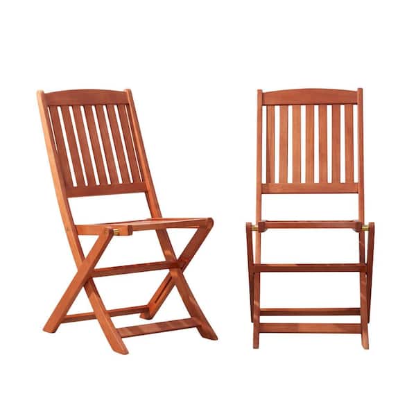 Set of 2 Reddish Brown Eucalyptus Wood No-Assembly Folding Patio Chairs-Slatted Design and Weather-Resistant