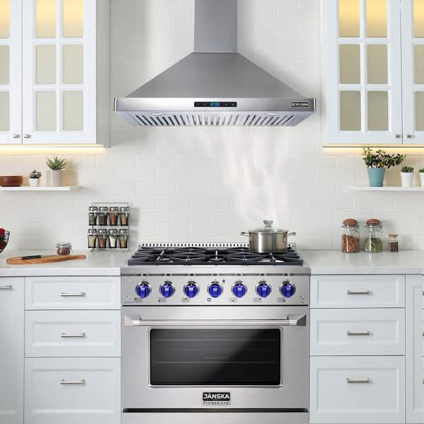 36 in. 520 CFM Wall Mount Ducted Range Hood in Stainless Steel with SS Filters, Digital Display, LED Lights, and Remote