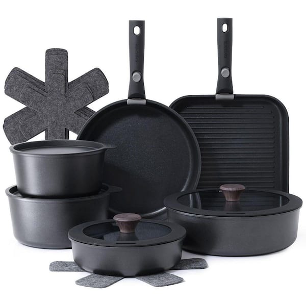 17 Piece Nonstick Granite Finish Cookware Set Black Aluminum Stackable Induction Safe with Removable Handles