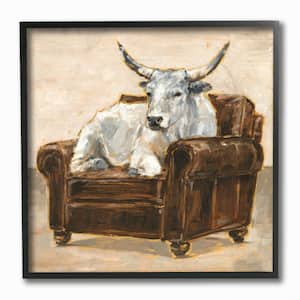 "White Bull Resting in Brown Chair Animal Painting" by Ethan Harper Framed Animal Wall Art Print 12 in. x 12 in.