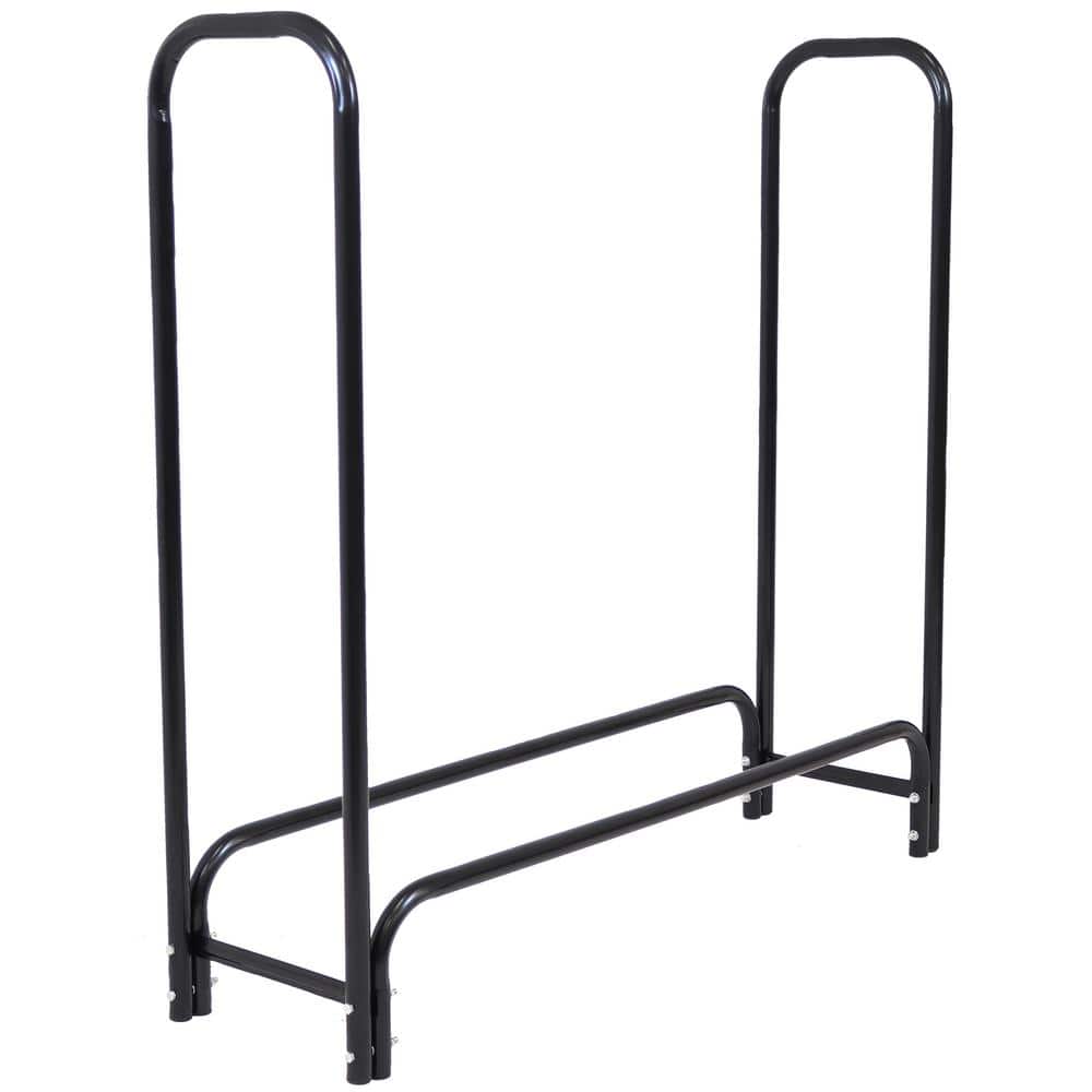 4-Foot Black Steel Firewood Log Rack with Weather-Resistant Cover
