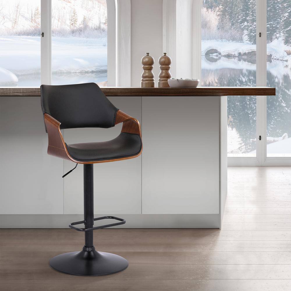 Aspen Adjustable 25-33 in. Black High Back Walnut Wood Swivel Bar Stool wit