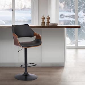 Aspen Adjustable 25-33 in. Black High Back Walnut Wood Swivel Bar Stool with Faux Leather Seat