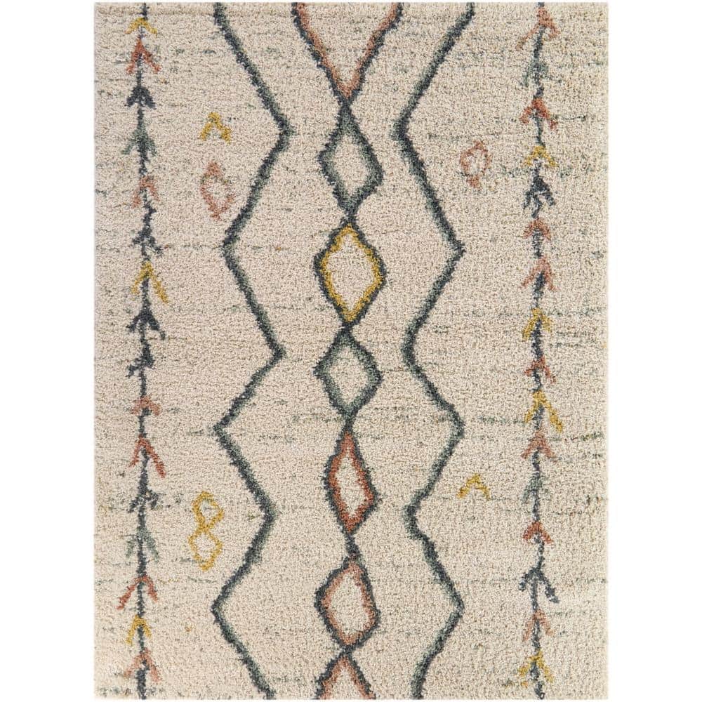 Cream and Multicolor Synthetic Stain-Resistant Rectangular Area Rug