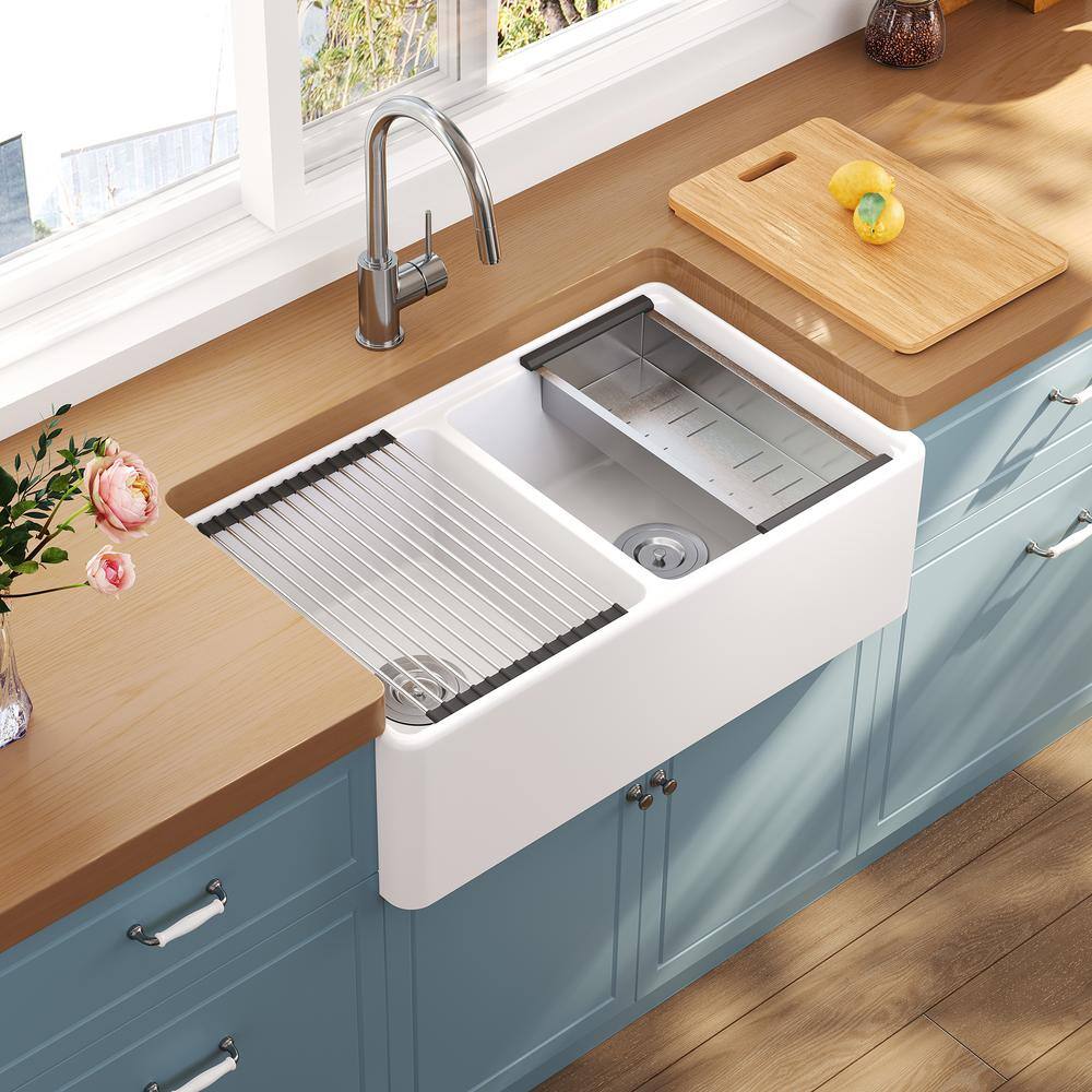 Crisp White Ceramic Double Bowl Farmhouse Kitchen Sink with Accessories