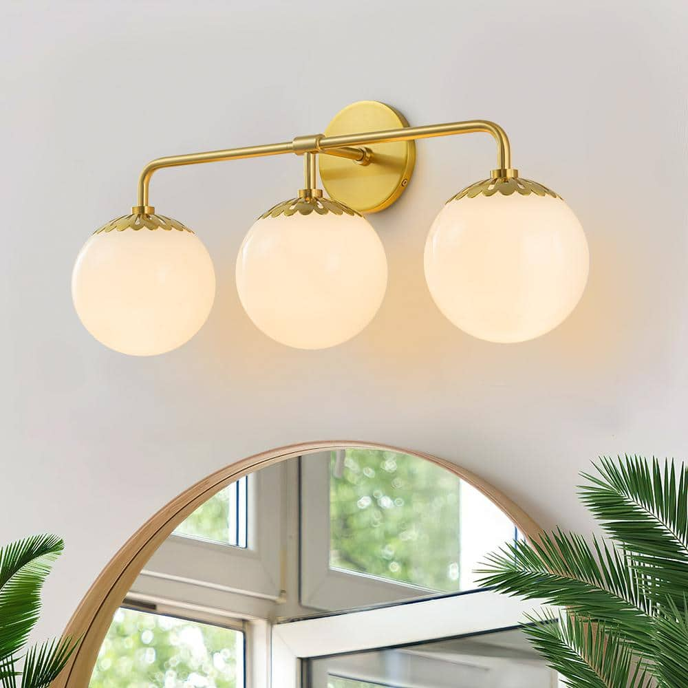 HUOKU Ceder 23.6 in. W 3-Light Aged Brass Bathroom Vanity Light Floral ...