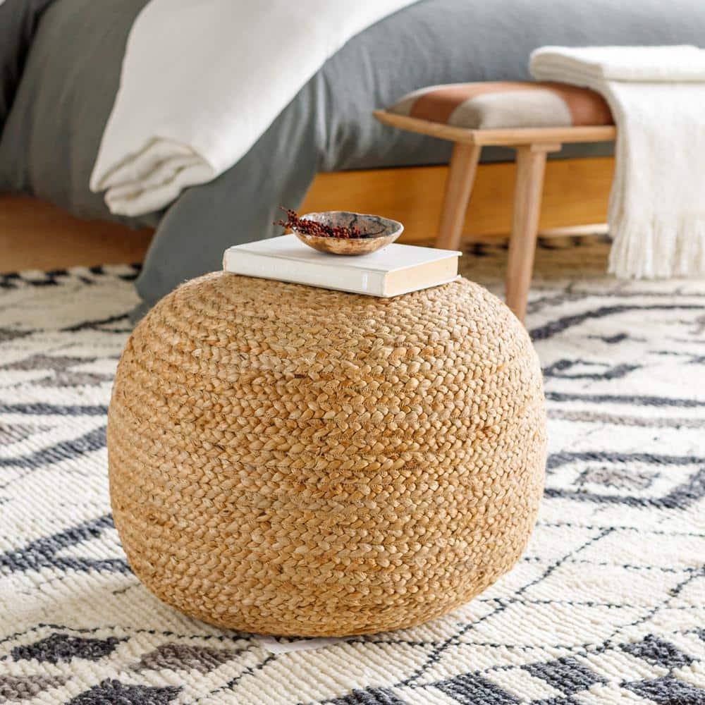 Ruiri Round Braided Jute Pouf, 20" Wheat