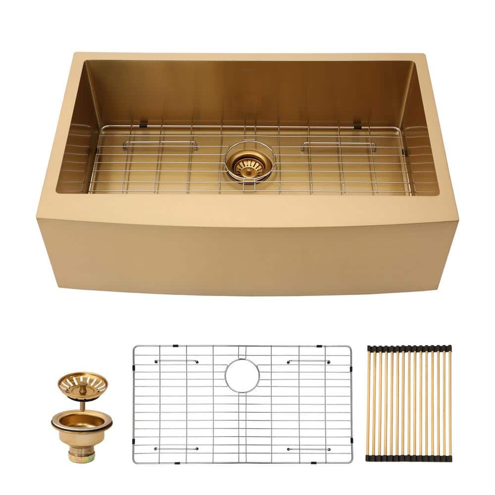 30 in. Farmhouse/Apron-Front Single Bowl 16-Gauge Gold Stainless Steel Kitchen Sink with Drying Rack -  EPOWP, LX-KS-40-2