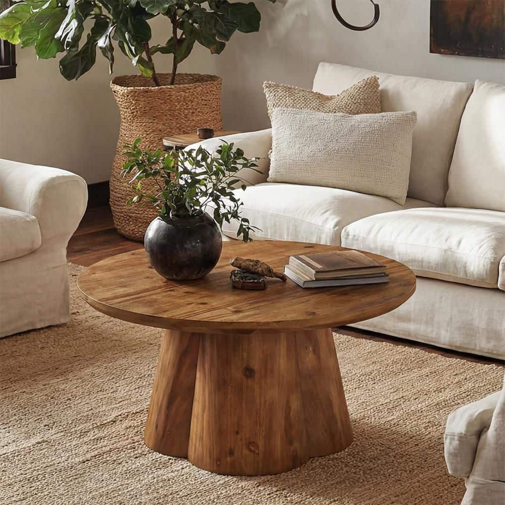 31.5 in. Farmhouse Brown Round Solid Wood Coffee Table for Living Room, Apartments, Small Spaces price history on PriceWatchPro