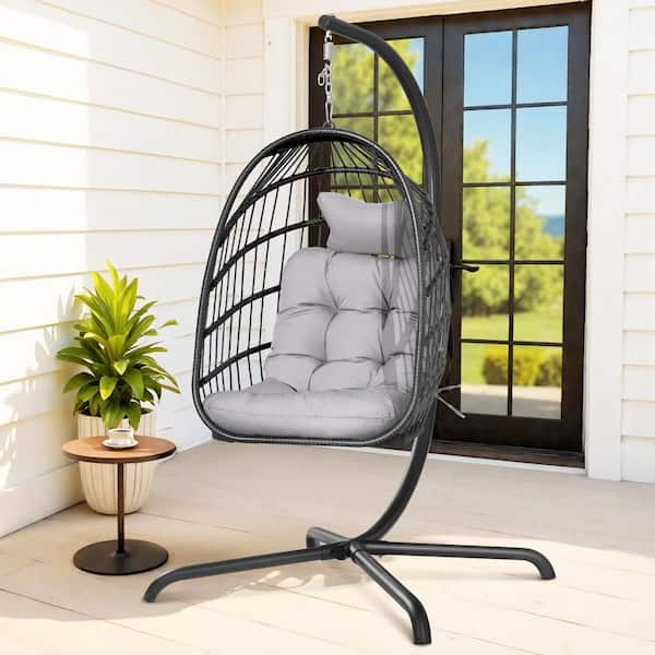 Foldable 350 lbs. 1 Person Gray Wicker Porch Swing Egg Chair with Charcoal Stand and Gray Custions