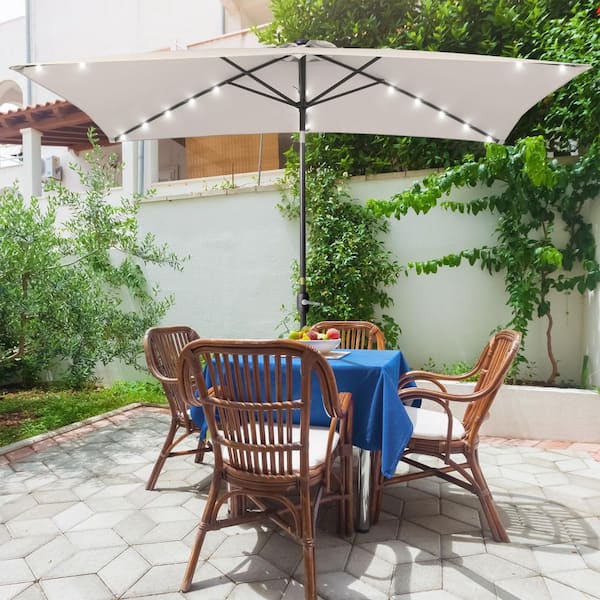 Solar LED 10 ft. x 6.5 ft. Steel Patio Rectangle Market Umbrella in Beige with Push-Button Tilt
