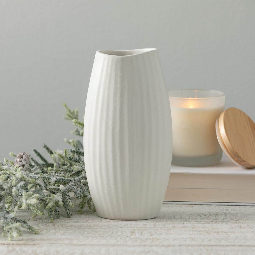 Seashell Textured Matte White Ceramic Vase, 9" Tall