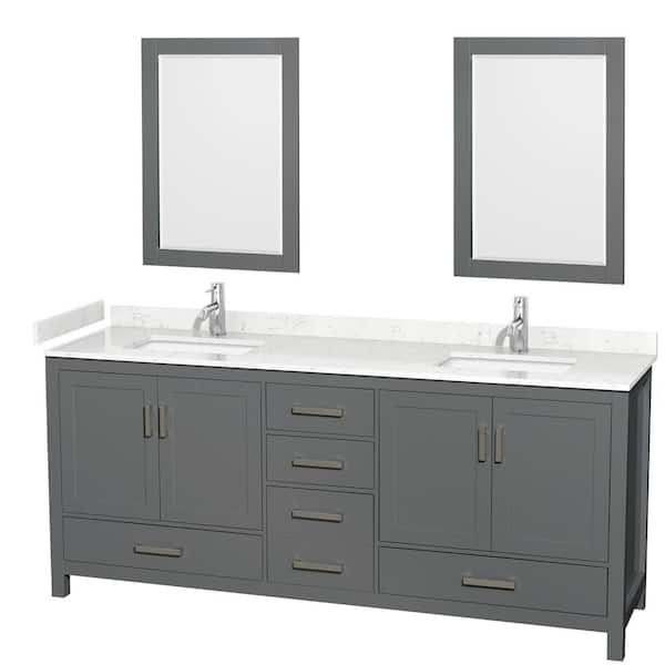 Wyndham Collection Sheffield 80 in. W x 22 in. D x 35 in. H Double Bath Vanity in Dark Gray with Carrara Cultured Marble Top & 24" Mirrors