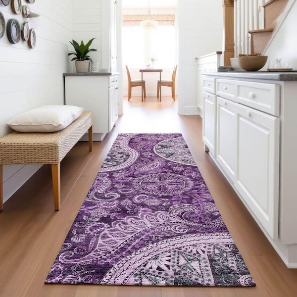 Mayfield Premium Machine Washable Abstract AMF1078 Purple 2 ft. 3 in. x 7 ft. 6 in. Runner Rug