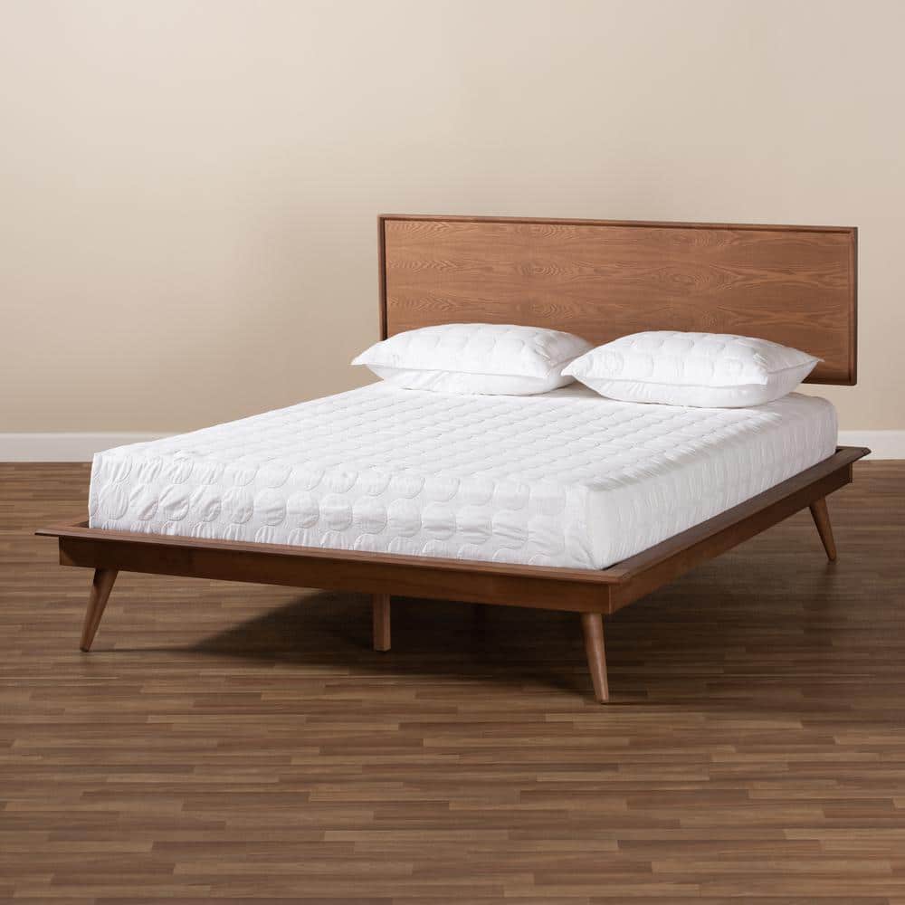Mid-Century Modern Walnut Brown Queen Bed with Wood Slats