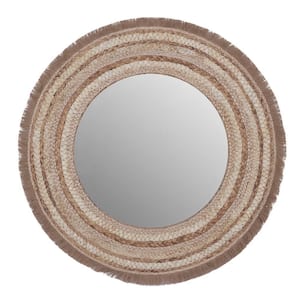 38 in. x 38 in. Woven Round Framed Beige Wall Mirror with Fringe Ends