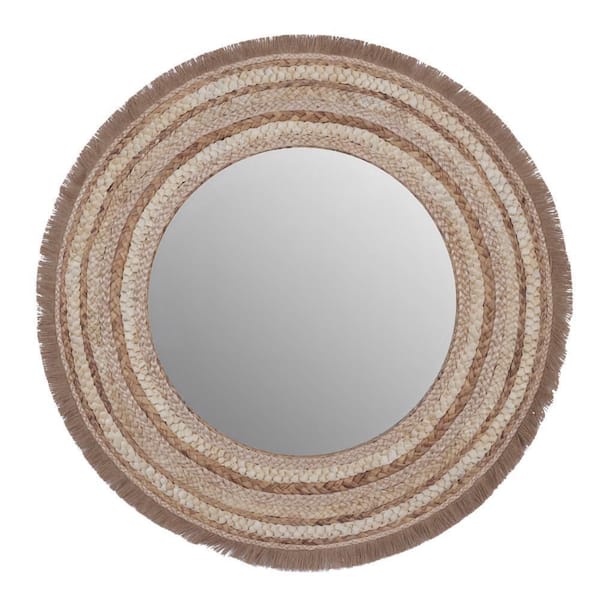 Litton Lane 38 in. x 38 in. Woven Round Framed Beige Wall Mirror with Fringe Ends