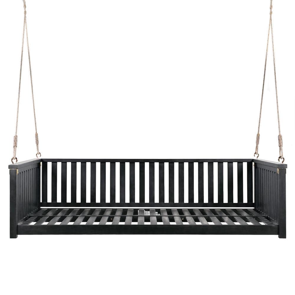 Twin Size Black Outdoor Wood Porch Swing Bed with Ropes for Backyard