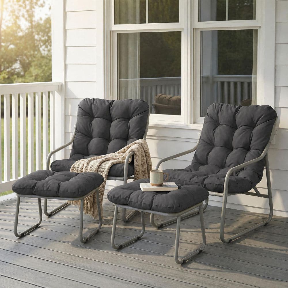 FINCATI Outdoor Lounge Chair with Ottoman and Cushion, High-Back Papasan Reading Chair for Patio Porch Balcony, Set of 2