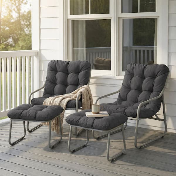 FINCATI Outdoor Lounge Chair with Ottoman and Cushion, High-Back Papasan Reading Chair for Patio Porch Balcony, Set of 2