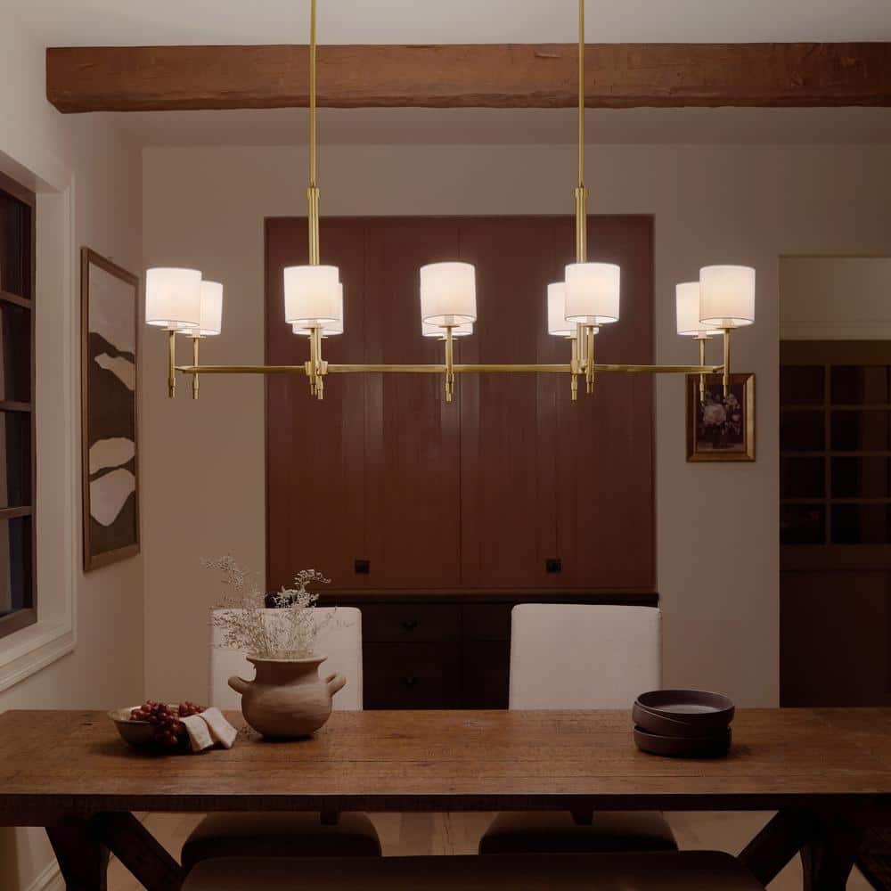 Brushed Brass 10-Light Linear Chandelier with Fabric Drum Shades