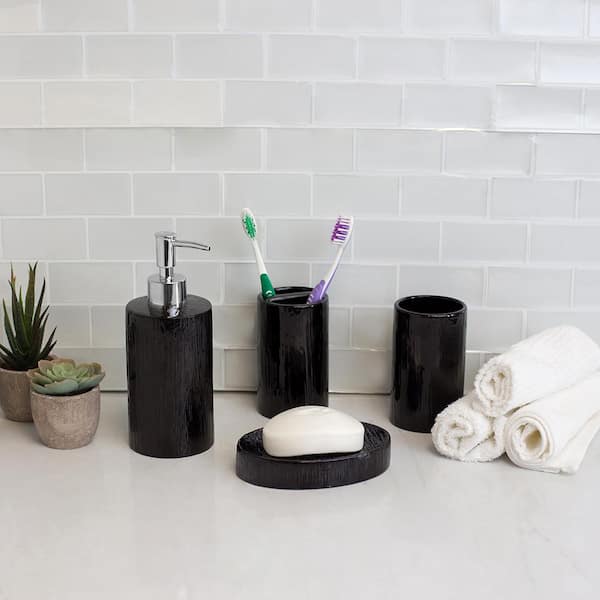 Home Basics High Gloss Textured Ceramic Modern 4-Piece Bath Accessory Set in Black