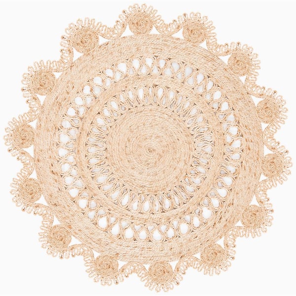 SAFAVIEH Natural Fiber Beige Doormat 3 ft. x 3 ft. Ornate Floral Round Area Rug