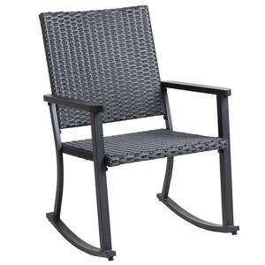 Charcoal Black Frame Wicker and All-Weather Outdoor Rocking Chair for Outside Patio Porch in Black