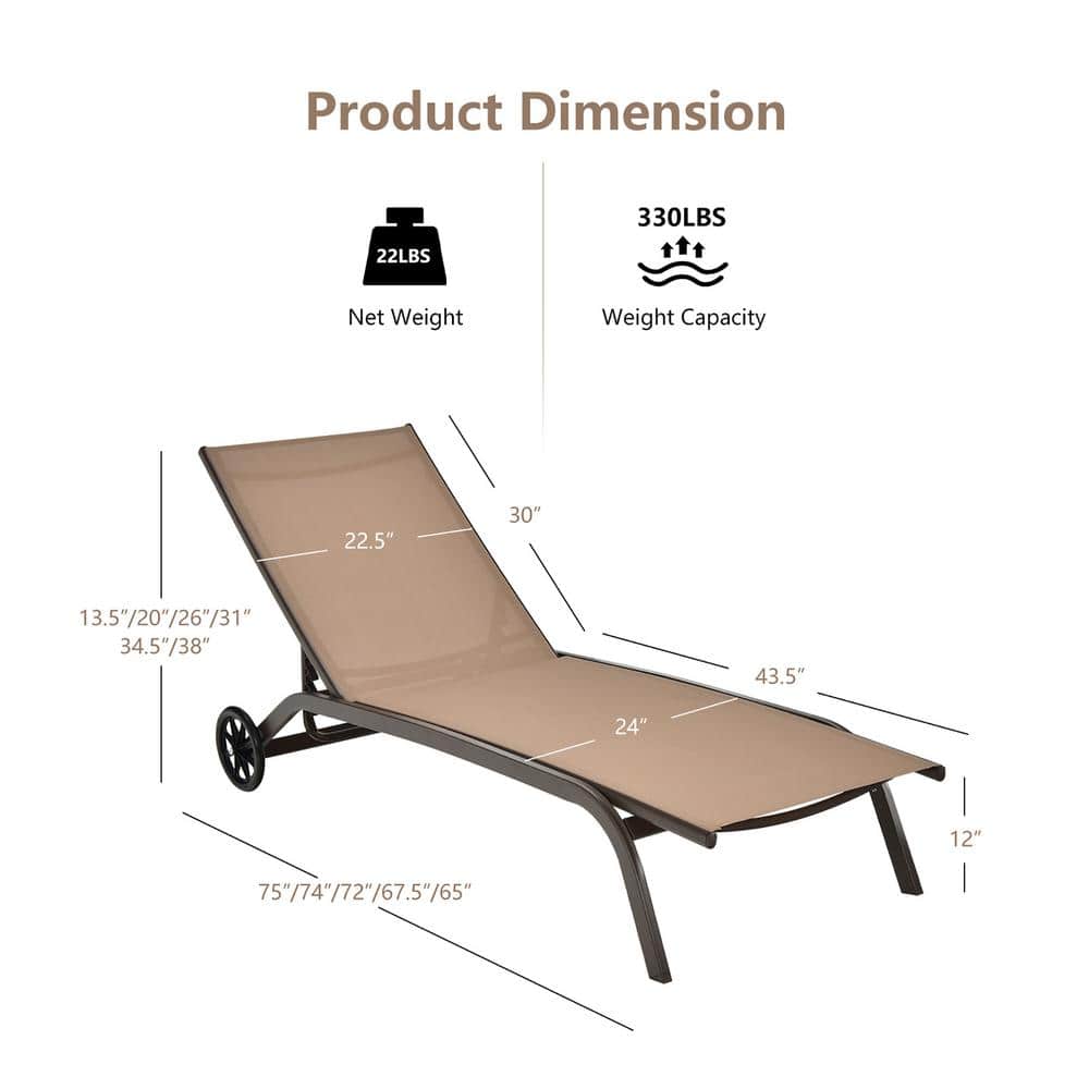 Brown Steel Adjustable Outdoor Chaise Lounge Chairs with Wheels