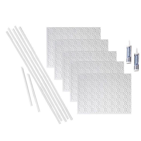 Fasade Traditional 6 18 in. x 24 in. Matte White Vinyl Decorative Wall Tile Backsplash 15 sq. ft. Kit