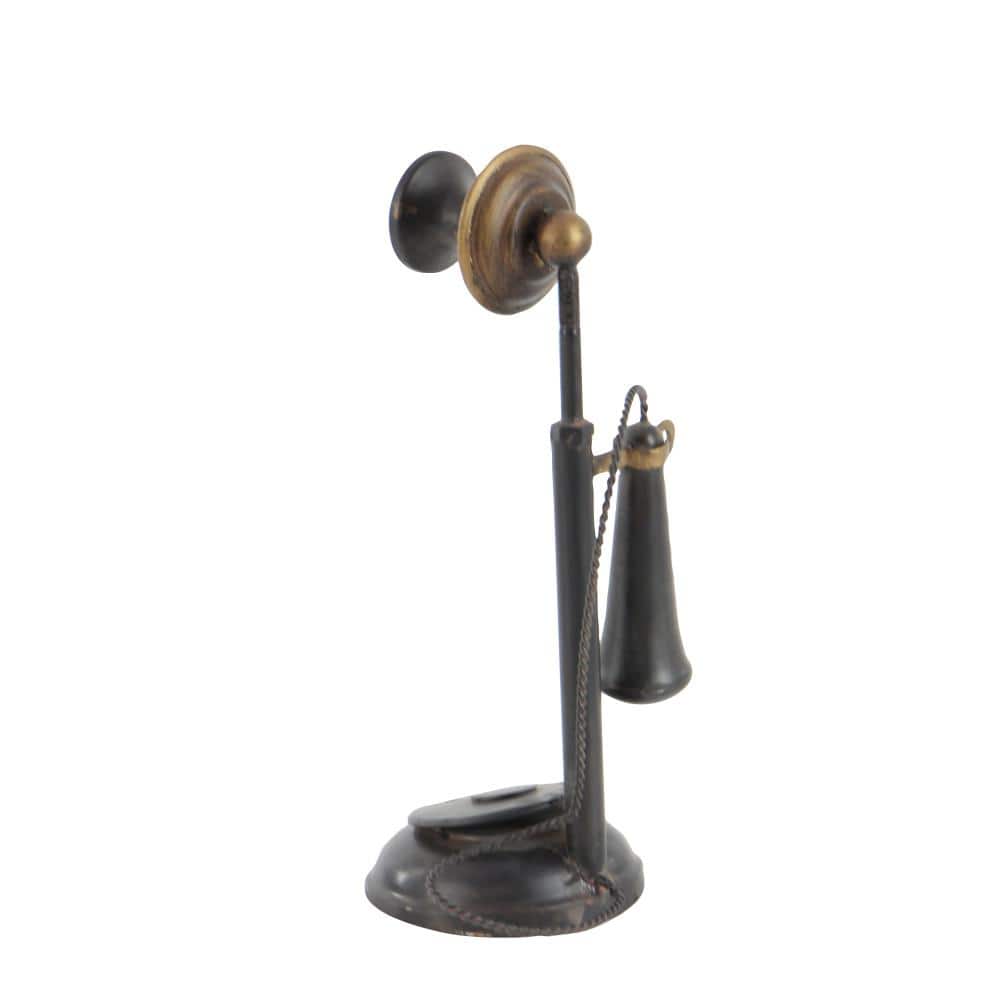 Vintage Black and Brass Metal Telephone Sculpture with Round Base